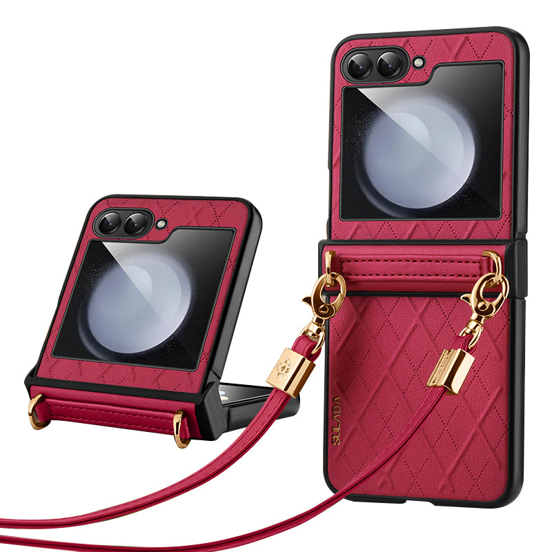 SULADA For Samsung Galaxy Z Flip5 5G PU Leather Coated PC Case Imprinted Phone Cover with Shoulder Strap SULADA For Samsung Galaxy Z Flip5 5G PU Leather Coated PC Case Imprinted Phone Cover with Shoulder Strap